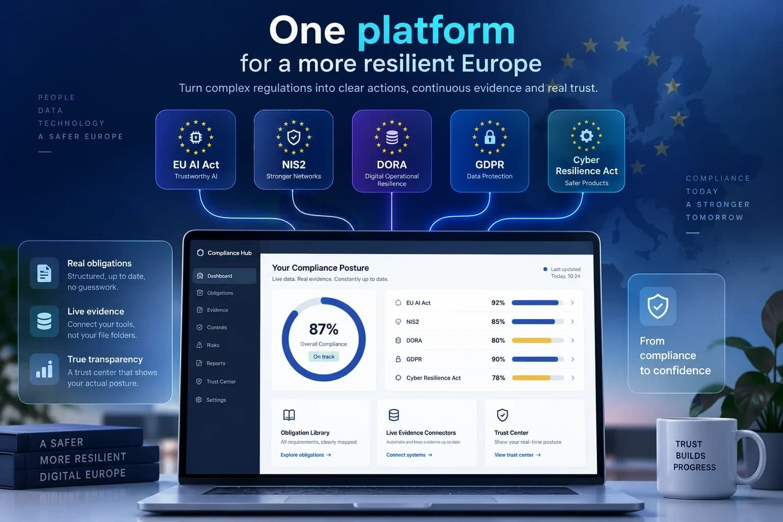 Artwork: the EU AI Act, NIS2, DORA, GDPR and the Cyber Resilience Act feeding one compliance dashboard on a laptop