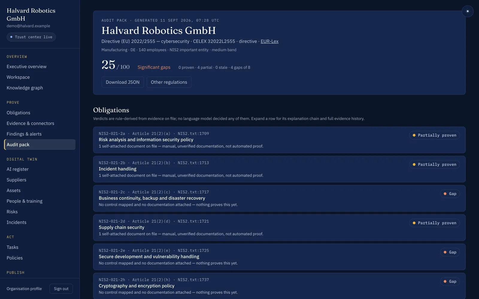 Audit pack in the platform