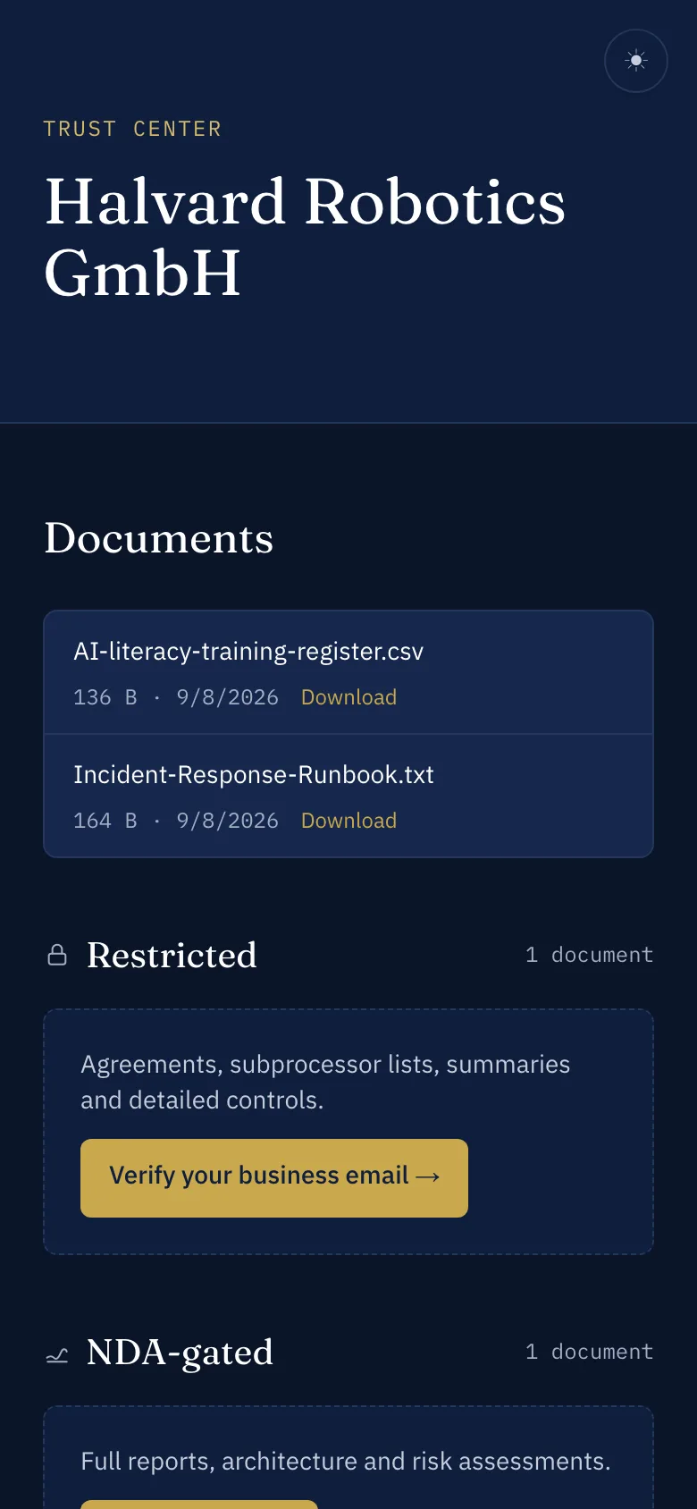 The public trust center page of a demo organisation, listing documents and published policies